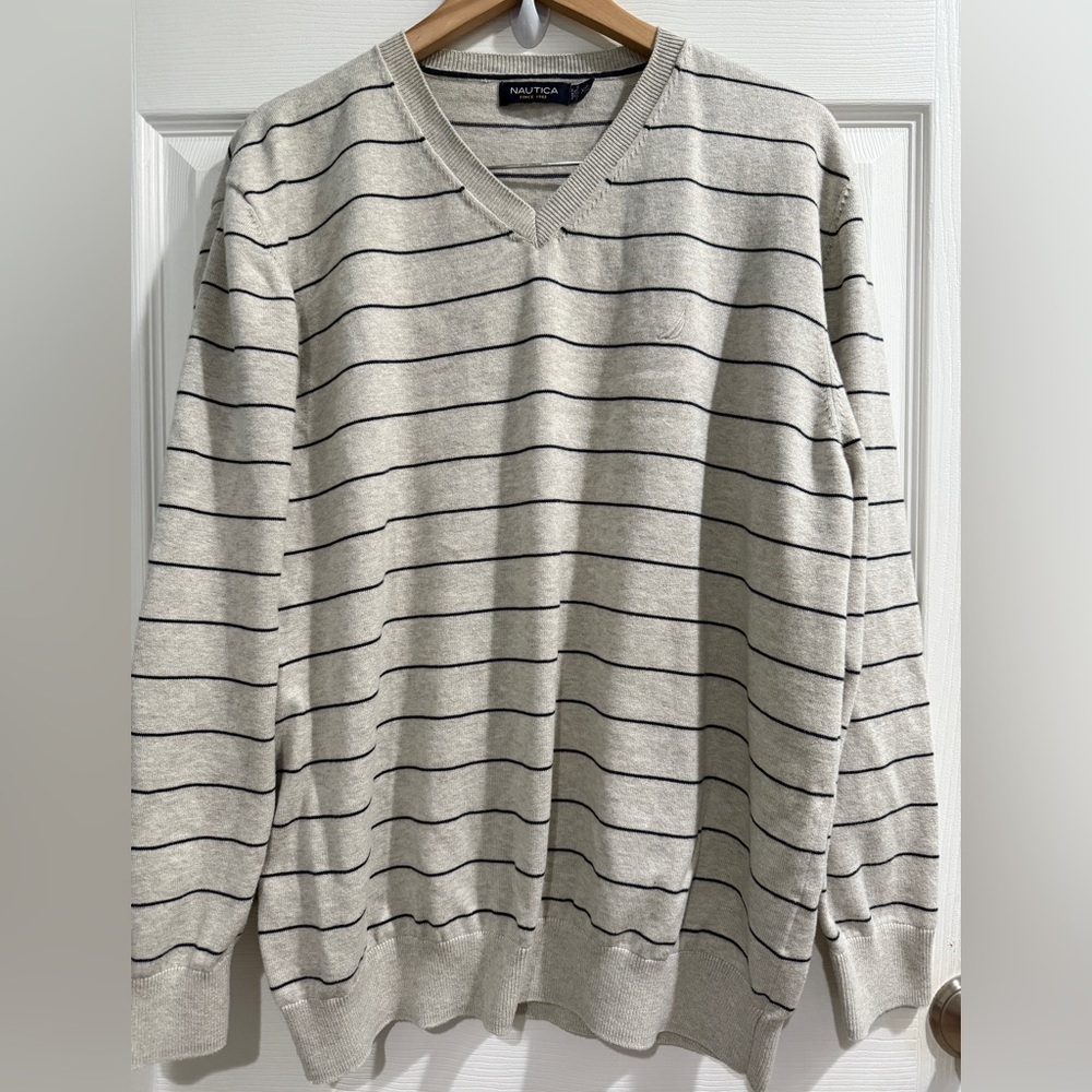 Nautica Men's Gray Navy Striped Nautical V-Neck Sweater Yacht Sailing all Cotton
